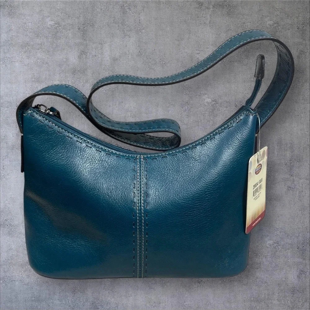Fossil Vintage Y2K Teal Blue Leather Shoulder Bag Purse Contrast Stitching New